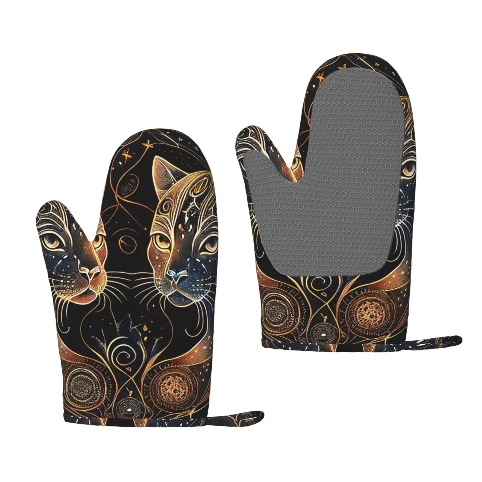 ZNDUO Kitchen Oven Gloves, Durable Heat Resistant Oven Gloves with Quilted Liner Non-Slip Textured Grip Perfect for BBQ, Baking, Cooking and Grilling, Cats Frame Laborious