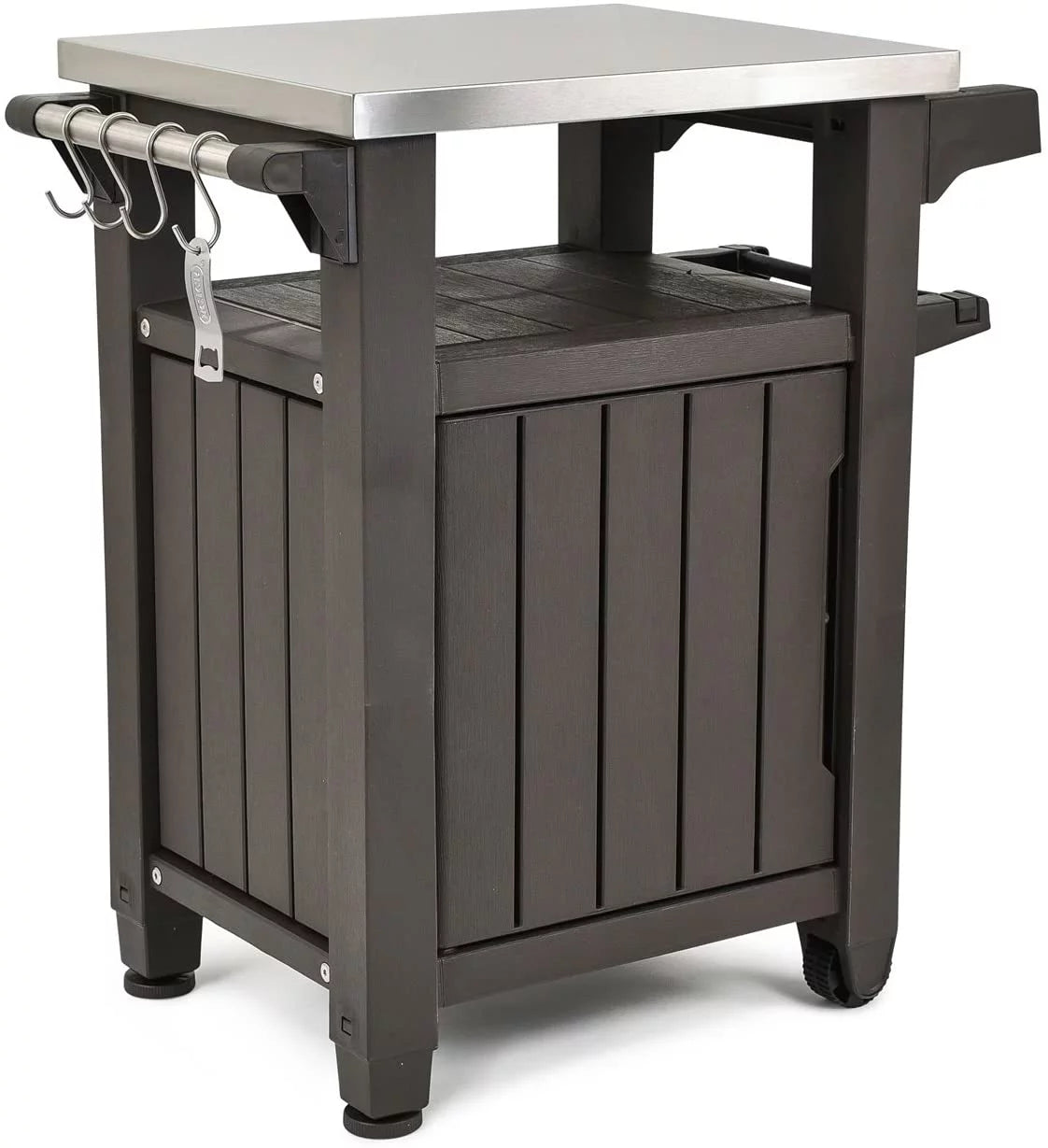 Unity Portable 40 Gal Outdoor Table and Storage Cabinet w/ Accessory Hooks, Stainless Steel Top for Patio Kitchen Island or Bar Cart, Dark Brown
