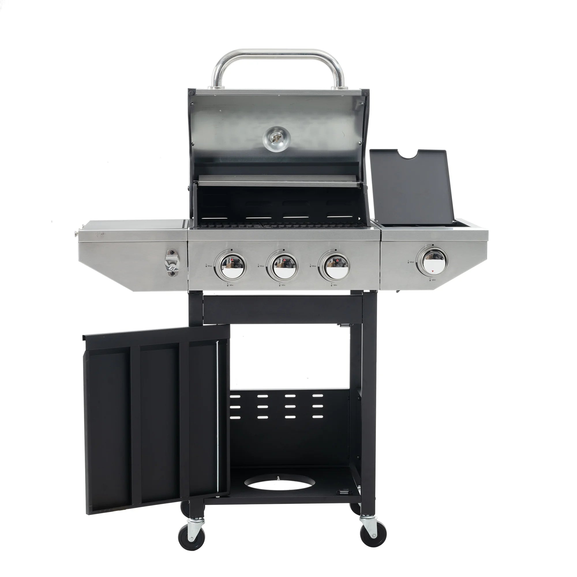 3-burner propane gas grill with side burner and thermometer, 37150 BTU output stainless steel grill, suitable for outdoor barbecue and camping, terrace backyard barbecue (3-burner+side burner)