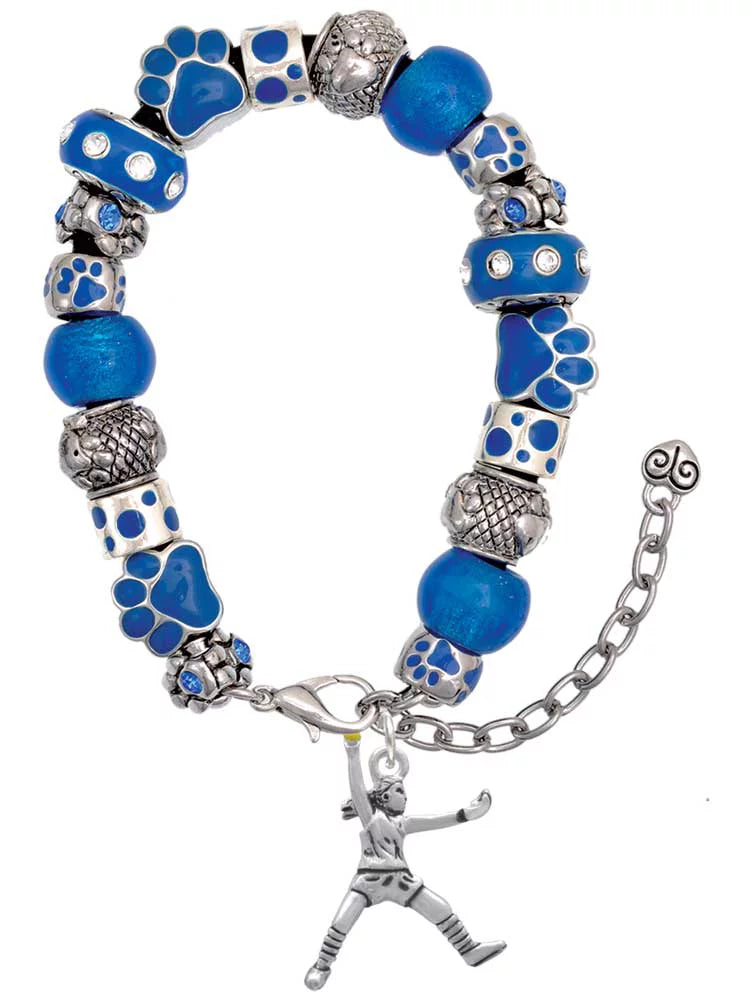 Delight Jewelry Silvertone Large Softball Pitcher Blue Paw Print Bead Bracelet, 7+2