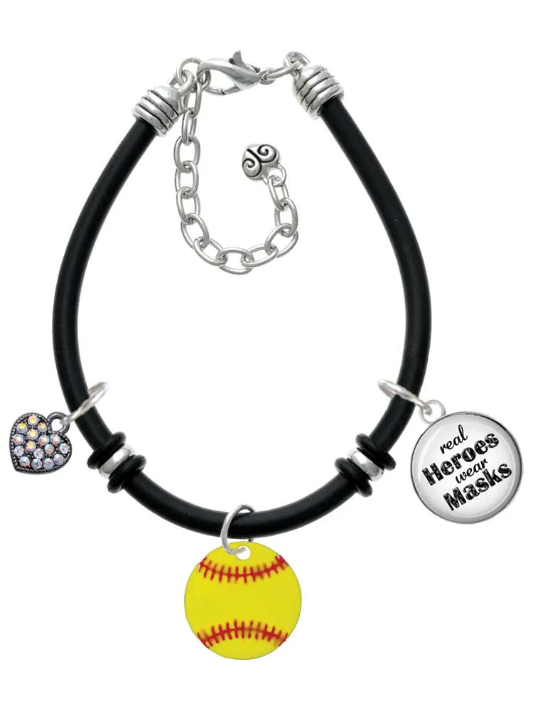 Delight Jewelry 3/4'' Enamel Softball Dome Real Heroes Wear Masks Black Rubber Charm Bracelet