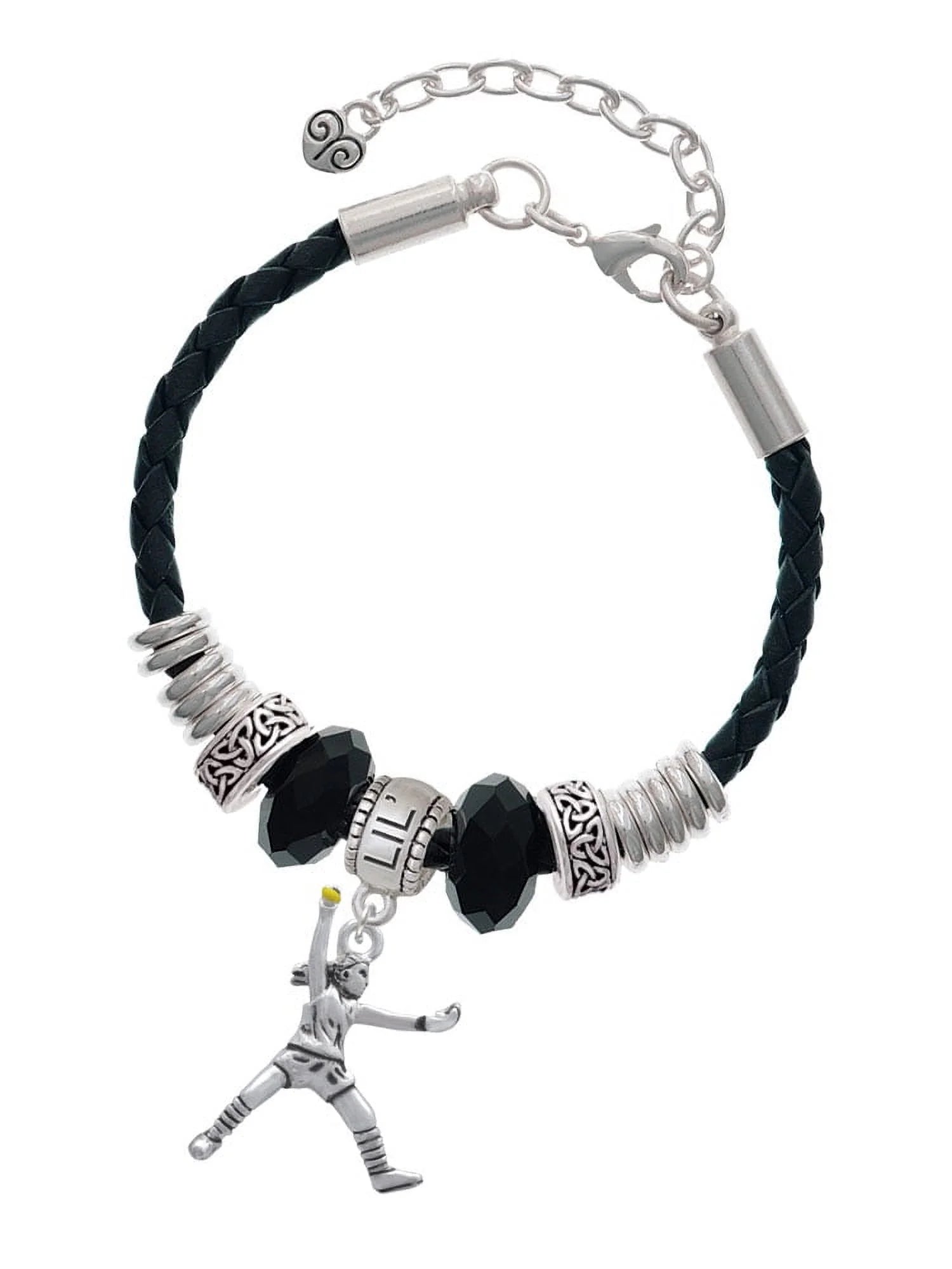 Delight Jewelry Silvertone Large Softball Pitcher Sister Celtic Knot Leather Bead Bracelet, 7+2 Extender