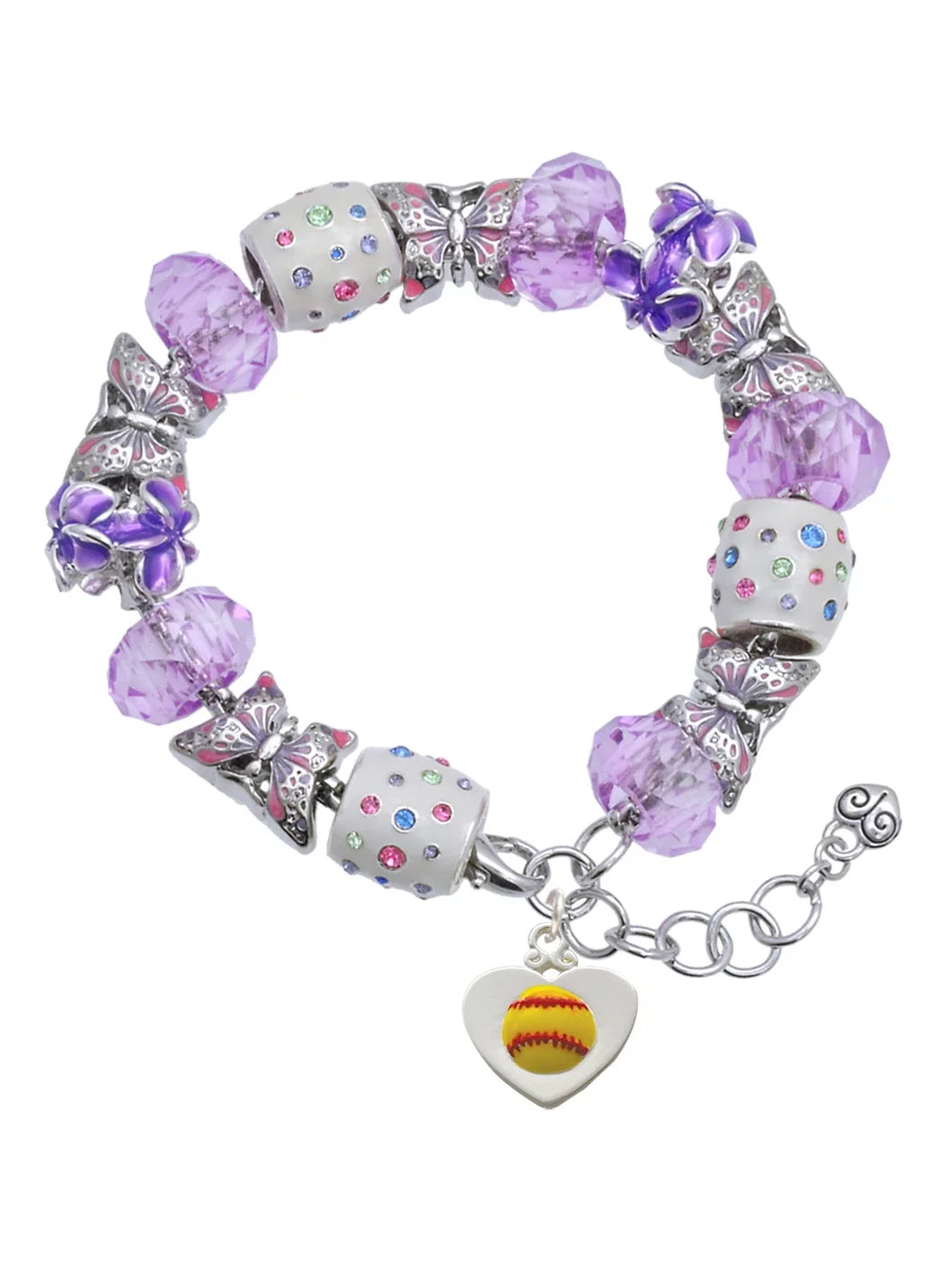 Delight Jewelry Silvertone Softball in Heart Purple Butterfly Bead Charm Bracelet, 7+1 Extender