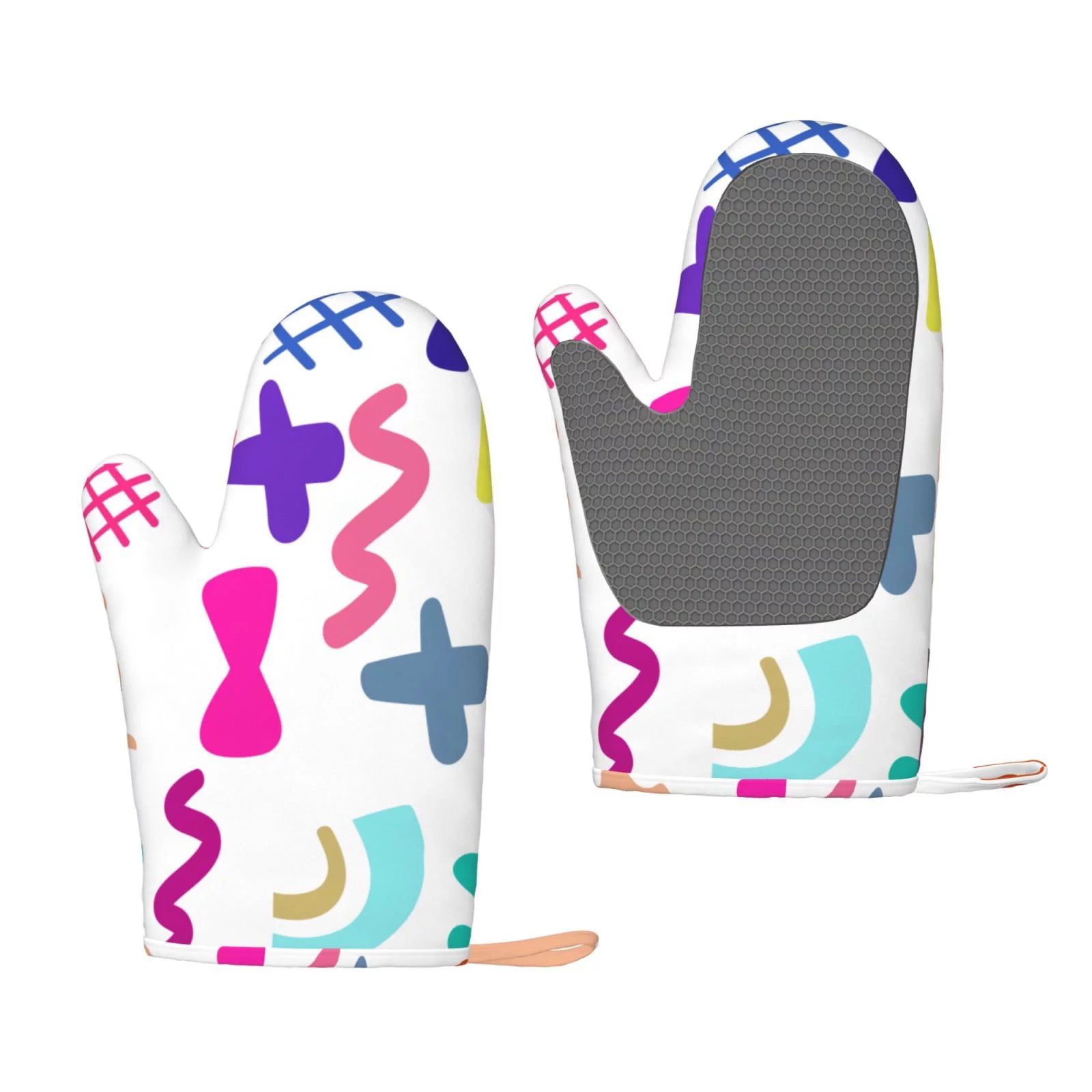 ZNDUO Kitchen Oven Gloves, Durable Heat Resistant Oven Gloves with Quilted Liner Non-Slip Textured Grip Perfect for BBQ, Baking, Cooking and Grilling, Geometric Abstract Doodles