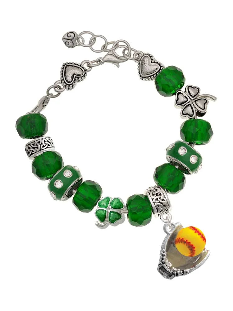 Delight Jewelry Silvertone Extra Large Softball and Glove - Green Irish Luck Bead Charm Bracelet, 7.5