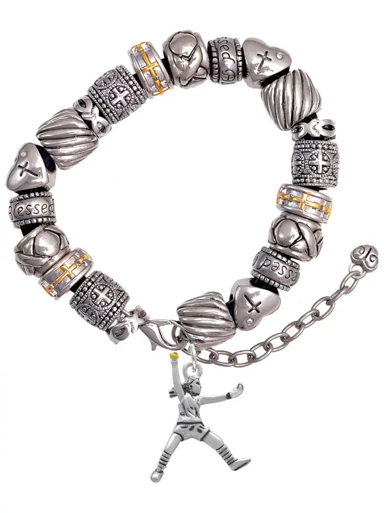 Silvertone Large Softball Pitcher Silver Tone Christian Bead Bracelet