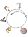 Delight Jewelry Silvertone Large Super Sparkle Crystal Pink AB Softball Multi-Colored Crystal Love Charm Bracelet