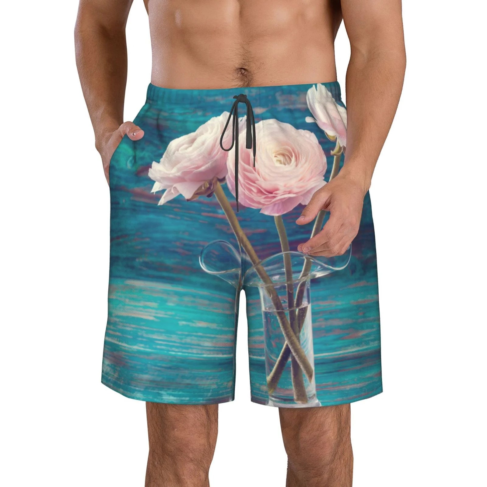 Kll Flowers In Glass Vase Men'S Casual Summer Beach Shorts Hawaiian Shorts With Pockets-Small