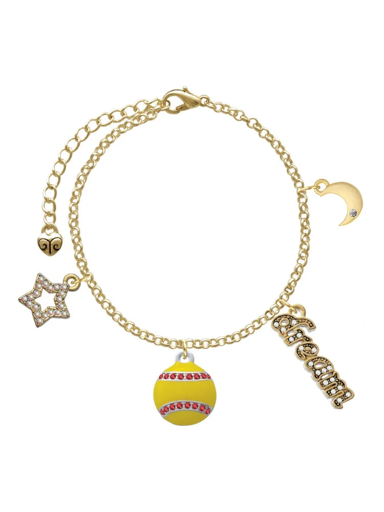 Delight Jewelry Silvertone Optic Yellow Softball with Red Crystal Stitching Goldtone Dream Big Charm Bracelet, 7.5+2 Extender