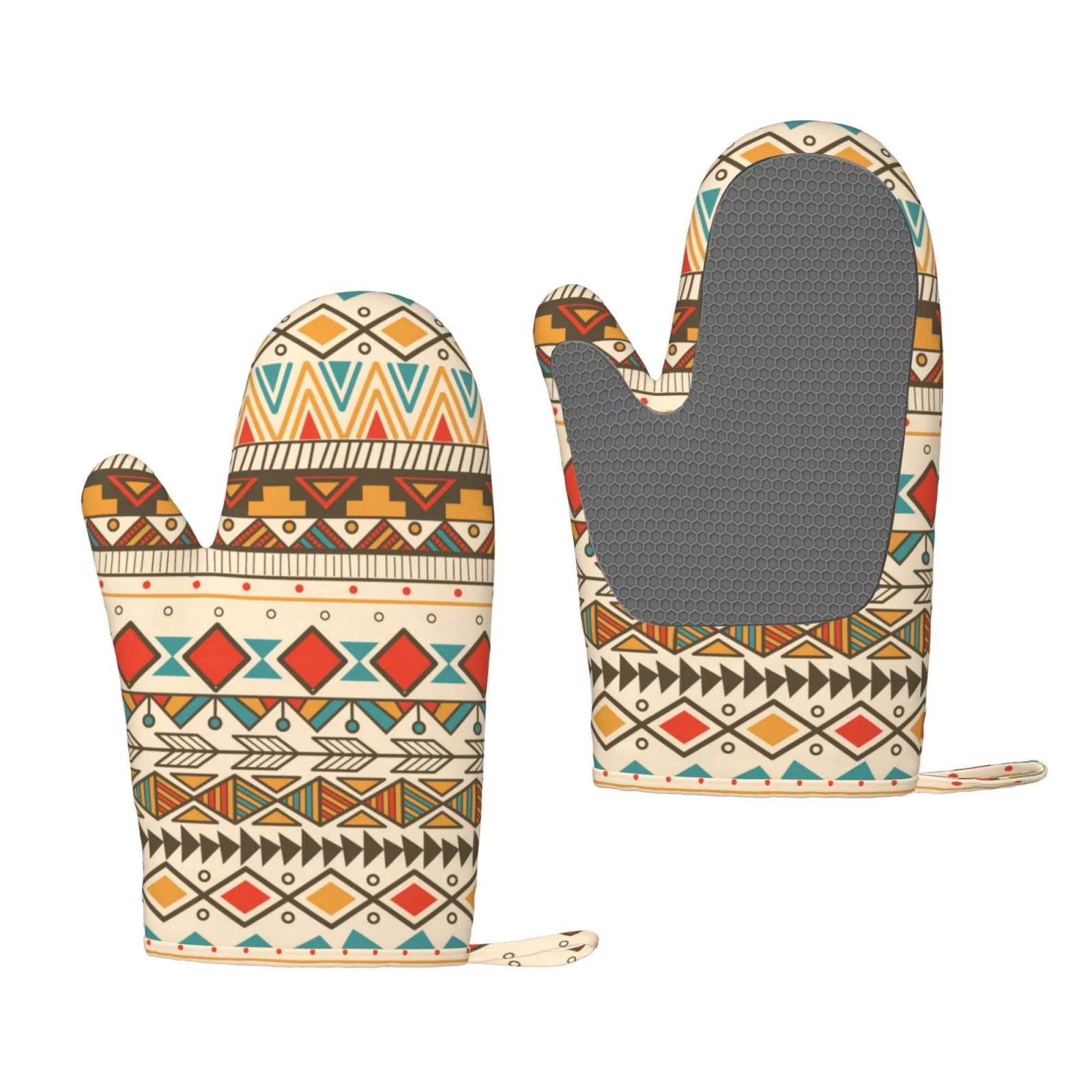 ZNDUO Kitchen Oven Gloves, Durable Heat Resistant Oven Gloves with Quilted Liner Non-Slip Textured Grip Perfect for BBQ, Baking, Cooking and Grilling, Native Boho Retro Ethnic Style