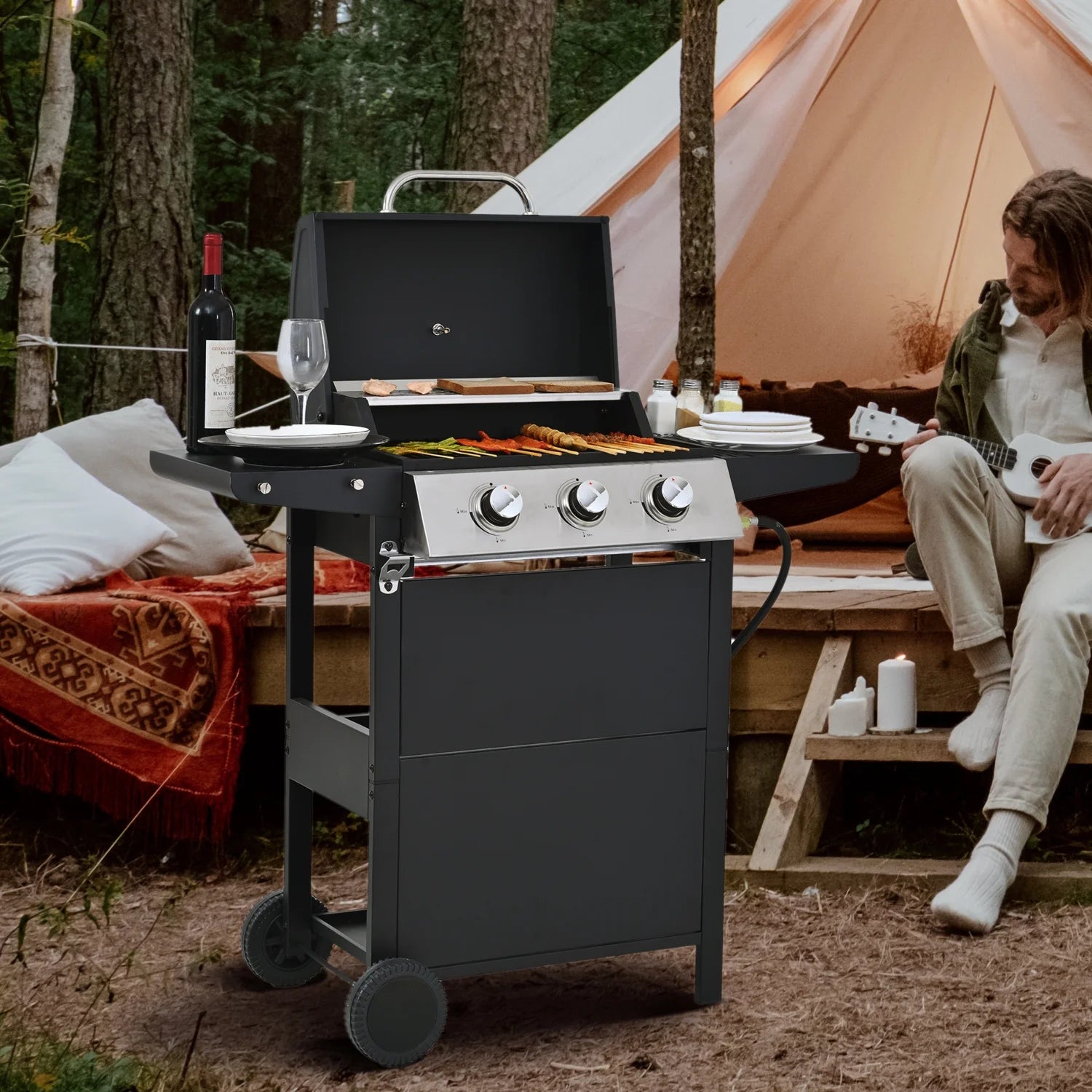 Holaki 3 Burner Barbecue Propane Gas Grill, 25,650 BTU Stainless Steel Gas Grill with Thermometer, Cast Iron Grates, 2 Prep Tables and 2 Wheel Casters, for Outdoor BBQ, Camping