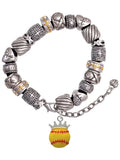Silvertone Softball optic yellow - Crown Silver Tone Christian Bead Bracelet