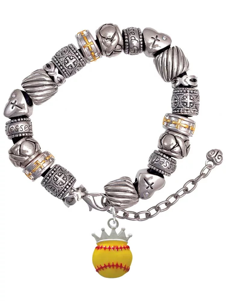 Silvertone Softball optic yellow - Crown Silver Tone Christian Bead Bracelet