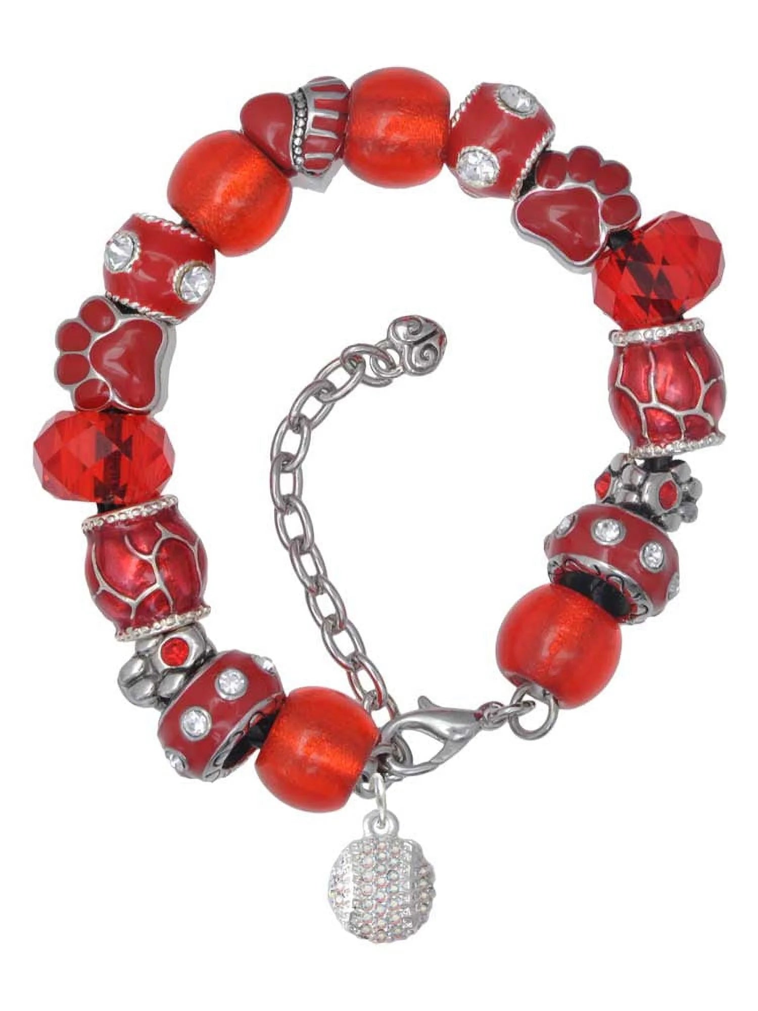 Delight Jewelry Silvertone Small Sparkle Clear AB Softball Red Paw Print Bead Bracelet, 7+2