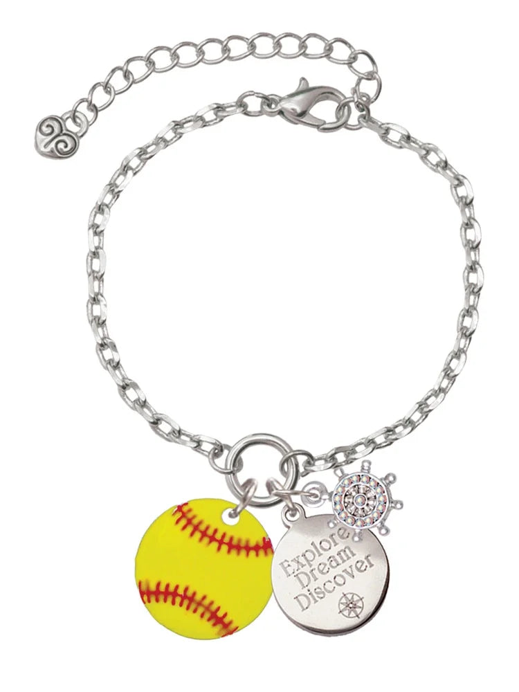 Delight Jewelry 3/4'' Enamel Softball Silvertone Discover Dream Explore Zoey Charm Bracelet, 6.5+2 Extender