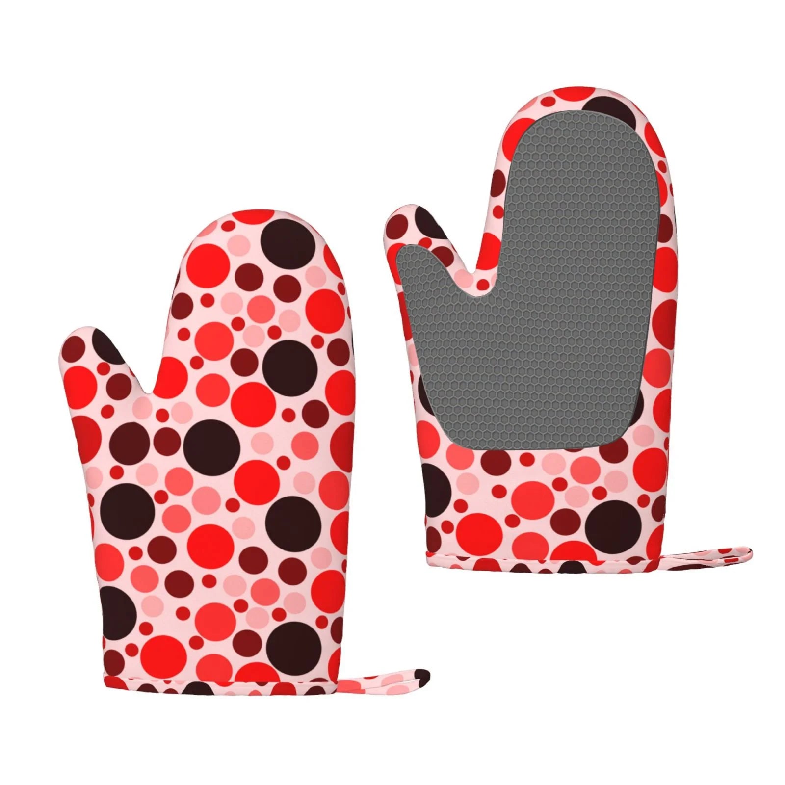 ZNDUO Kitchen Oven Gloves, Durable Heat Resistant Oven Gloves with Quilted Liner Non-Slip Textured Grip Perfect for BBQ, Baking, Cooking and Grilling, Red Polka Dots Seamless