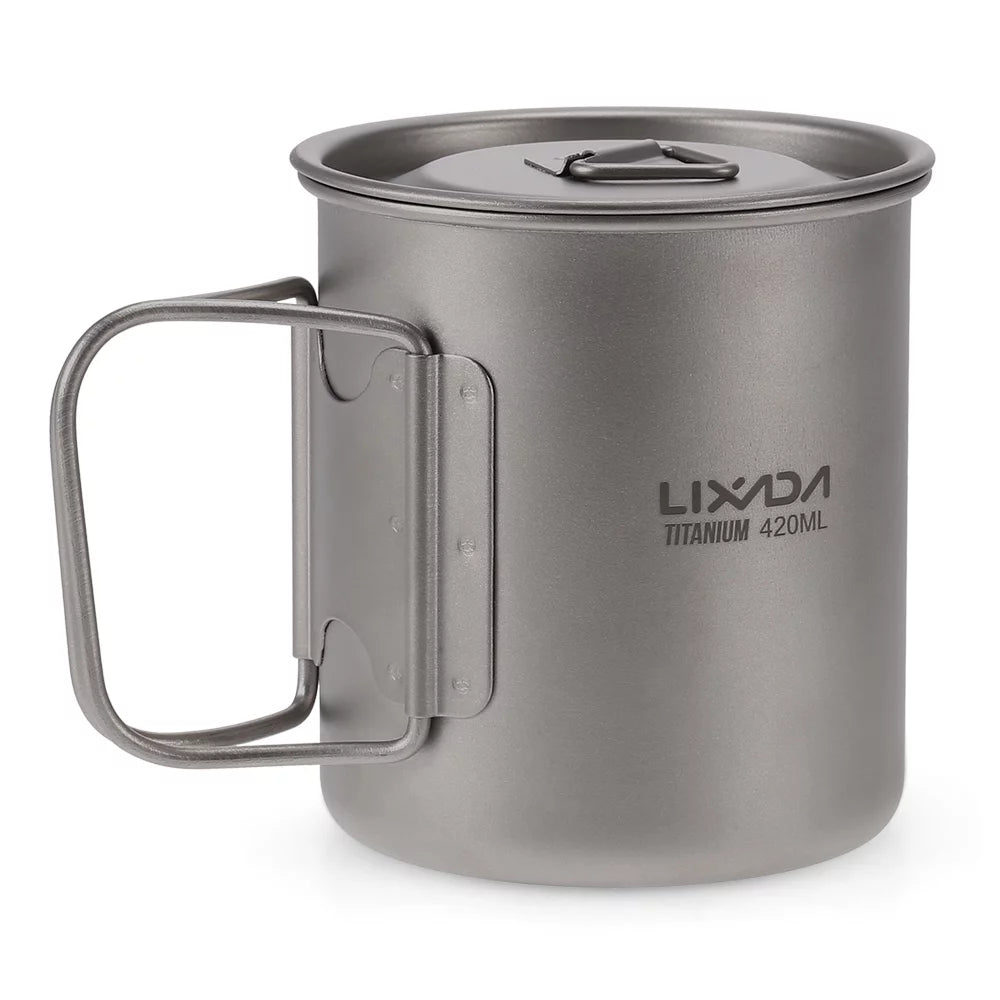 Lixada Ultralight Titanium Cup Outdoor Portable Camping Picnic Water Cup Mug with Foldable Handle 300ml / 350ml / 420ml / 550ml / 650ml / 750ml