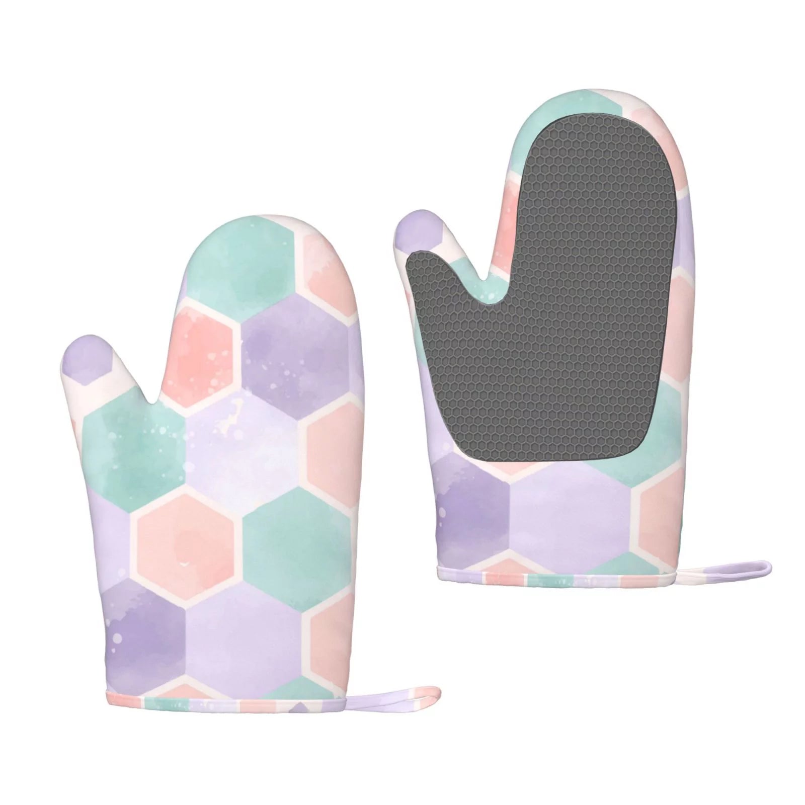 ZNDUO Kitchen Oven Gloves, Durable Heat Resistant Oven Gloves with Quilted Liner Non-Slip Textured Grip Perfect for BBQ, Baking, Cooking and Grilling, Watercolor Honeycomb Shape