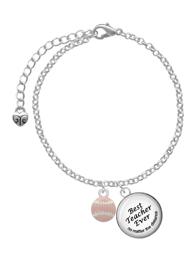 Delight Jewelry Silvertone Mini Pink Softball or Baseball Dome Best Teacher Ever Charm Bracelet