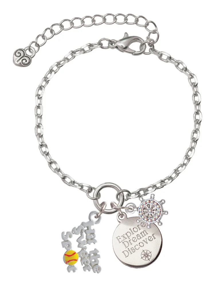 Delight Jewelry Silvertone Hit the Sweet Spot with Yellow Softball Silvertone Discover Dream Explore Zoey Charm Bracelet, 6.5+2 Extender