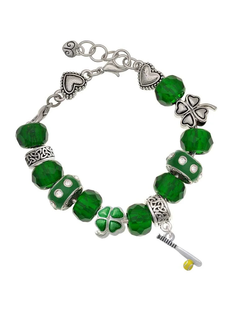 Delight Jewelry Silvertone Enamel Softball and Bat - Green Irish Luck Bead Charm Bracelet, 7.5
