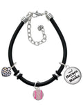 Delight Jewelry Silvertone Small Sparkle Pink AB Softball Dome Real Heroes Wear Masks Black Rubber Charm Bracelet