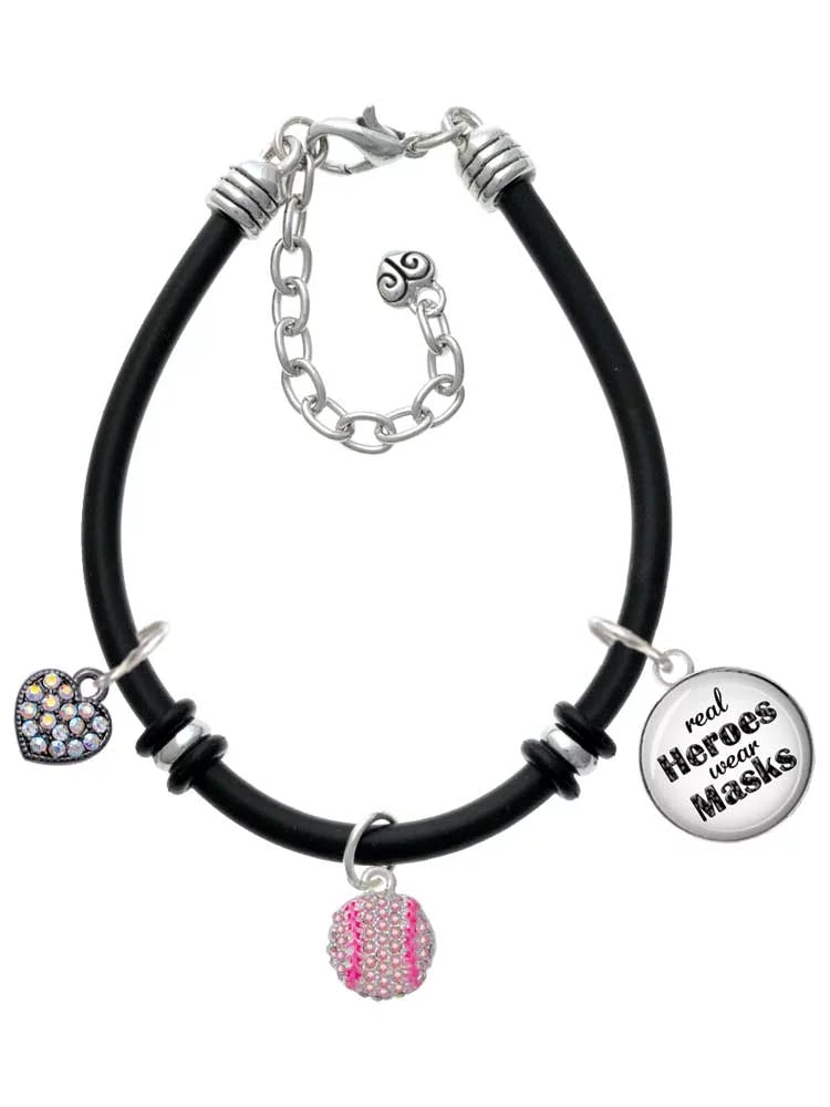 Delight Jewelry Silvertone Small Sparkle Pink AB Softball Dome Real Heroes Wear Masks Black Rubber Charm Bracelet