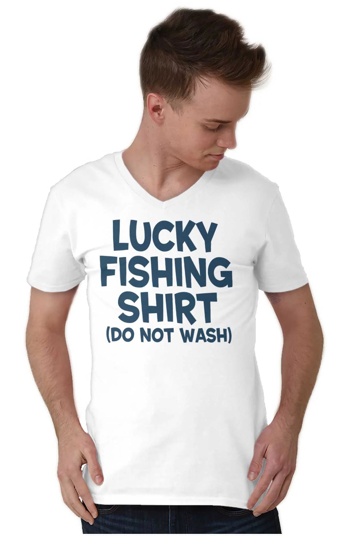 Lucky Fishing Shirt Cute Funny Fisher V Neck T Shirt Tees Men's Brisco Brands 2X