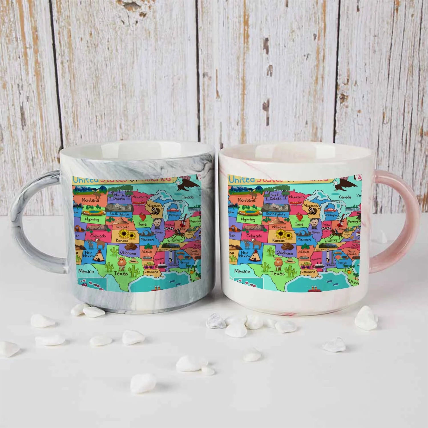 Coolnut 2 PCS 400ML Ceramic Coffee Mugs for Men Women, Map of The United States Great Cup for Cocoa, Tea, Office, Home, Engagement Gifts