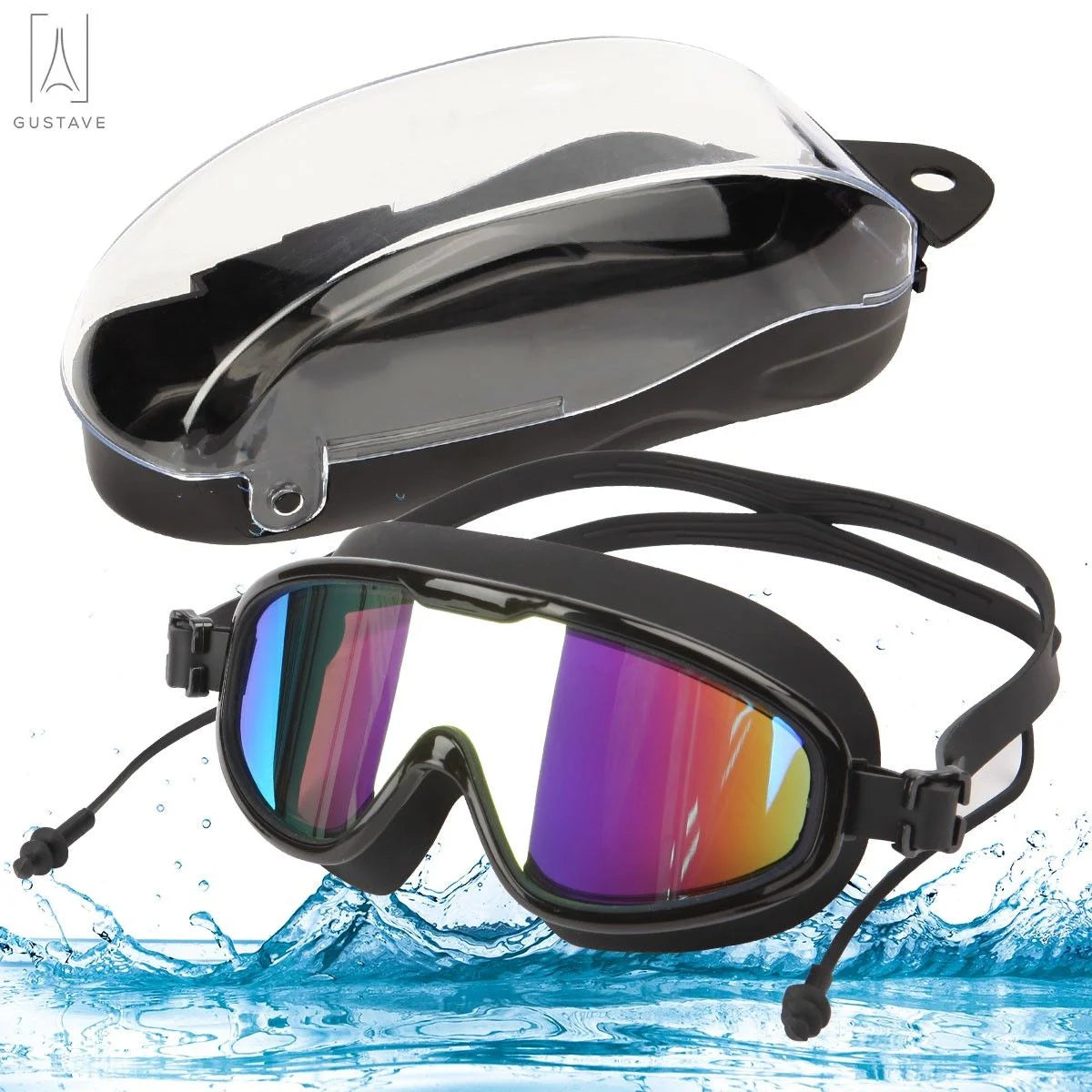 Gustave Swimming Goggles Anti-UV Anti-Fog No Leaking Goggle Mirror Clear Swim Glasses for Adult Men Women Youth with Free Protection Case (Black)
