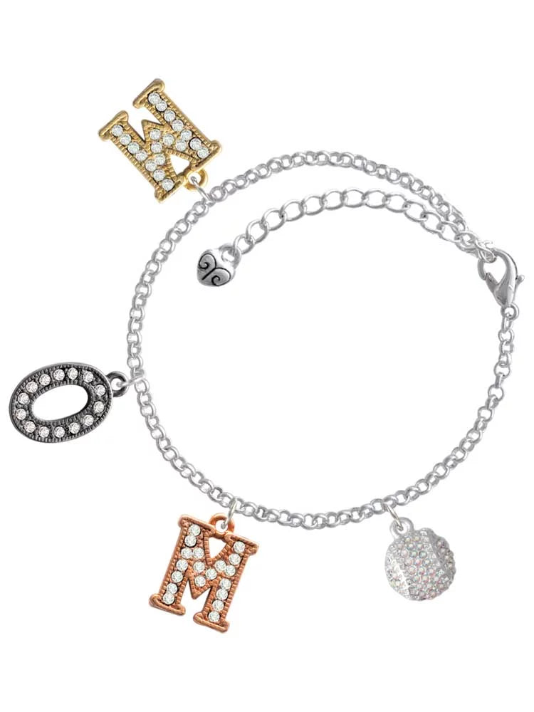 Delight Jewelry Silvertone Small Sparkle Clear AB Softball Multi-Colored Crystal Mom Charm Bracelet