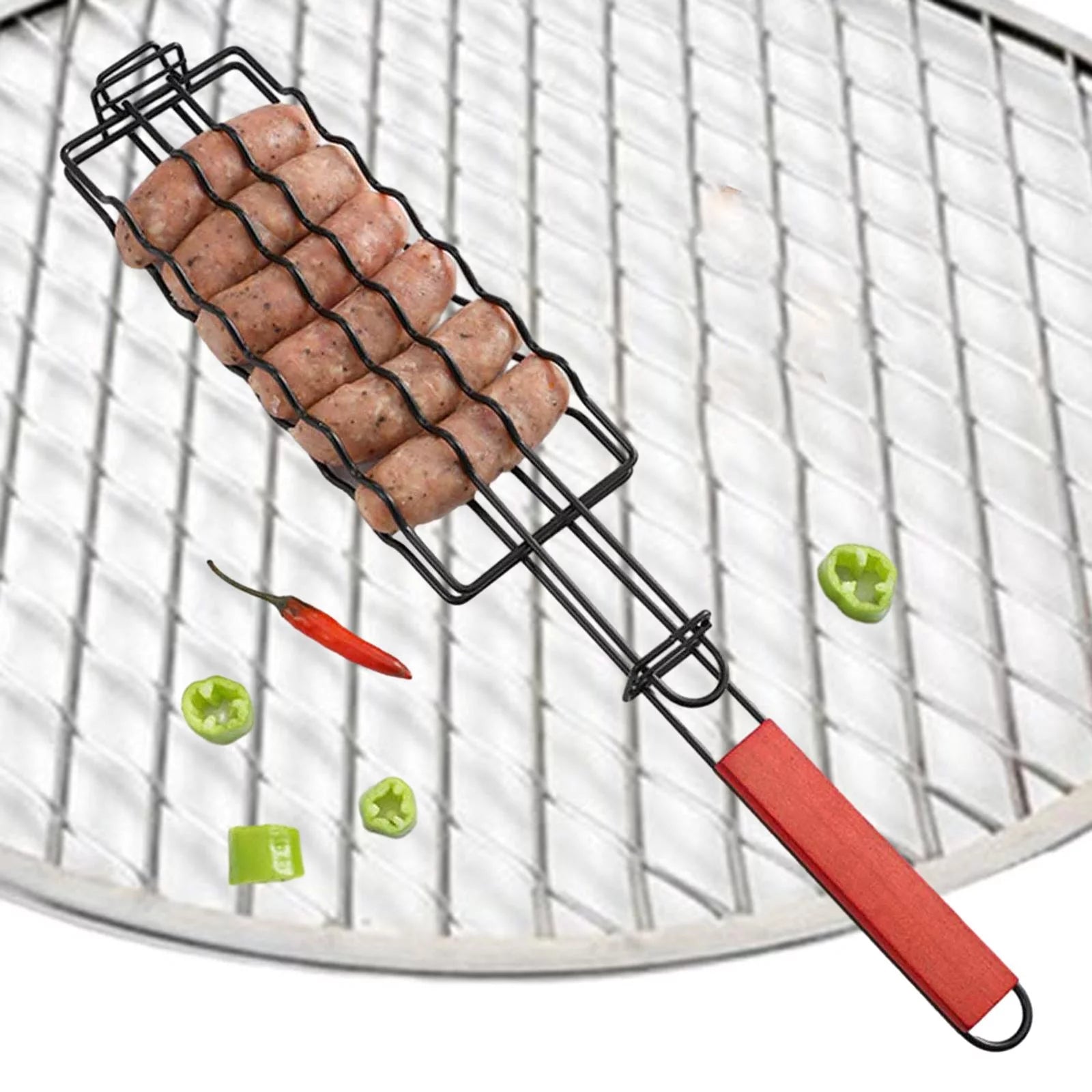 Hot Dogs Grilling Basket, Metal Barbecue Sausage Rack, Nonstick Grill Basket for Grilling Outdoor, Diced Meat, Fruits