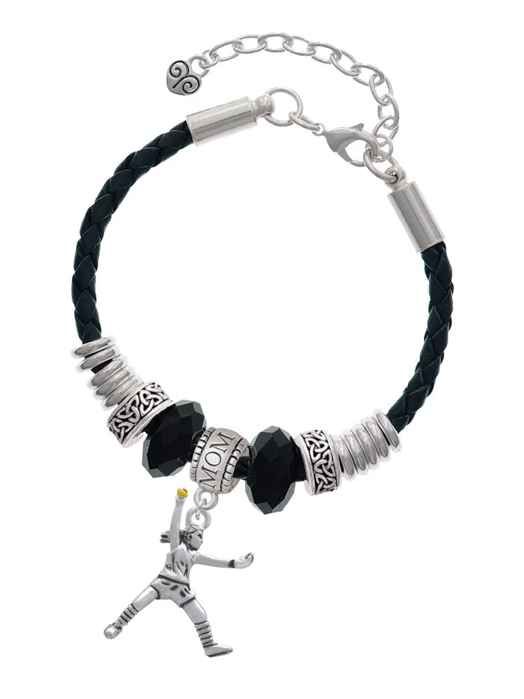 Delight Jewelry Silvertone Large Softball Pitcher Mom Celtic Knot Leather Bead Bracelet, 7+2 Extender