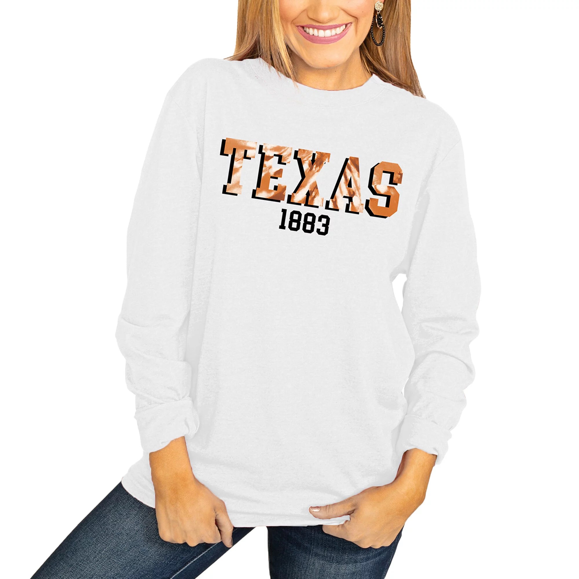 Women's White Texas Longhorns No Time to Tie Dye Long Sleeve T-Shirt