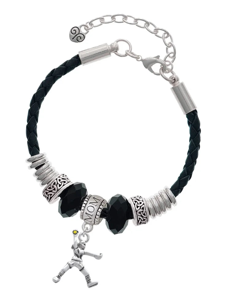 Delight Jewelry Silvertone Medium Softball Pitcher Mom Celtic Knot Leather Bead Bracelet, 7+2 Extender