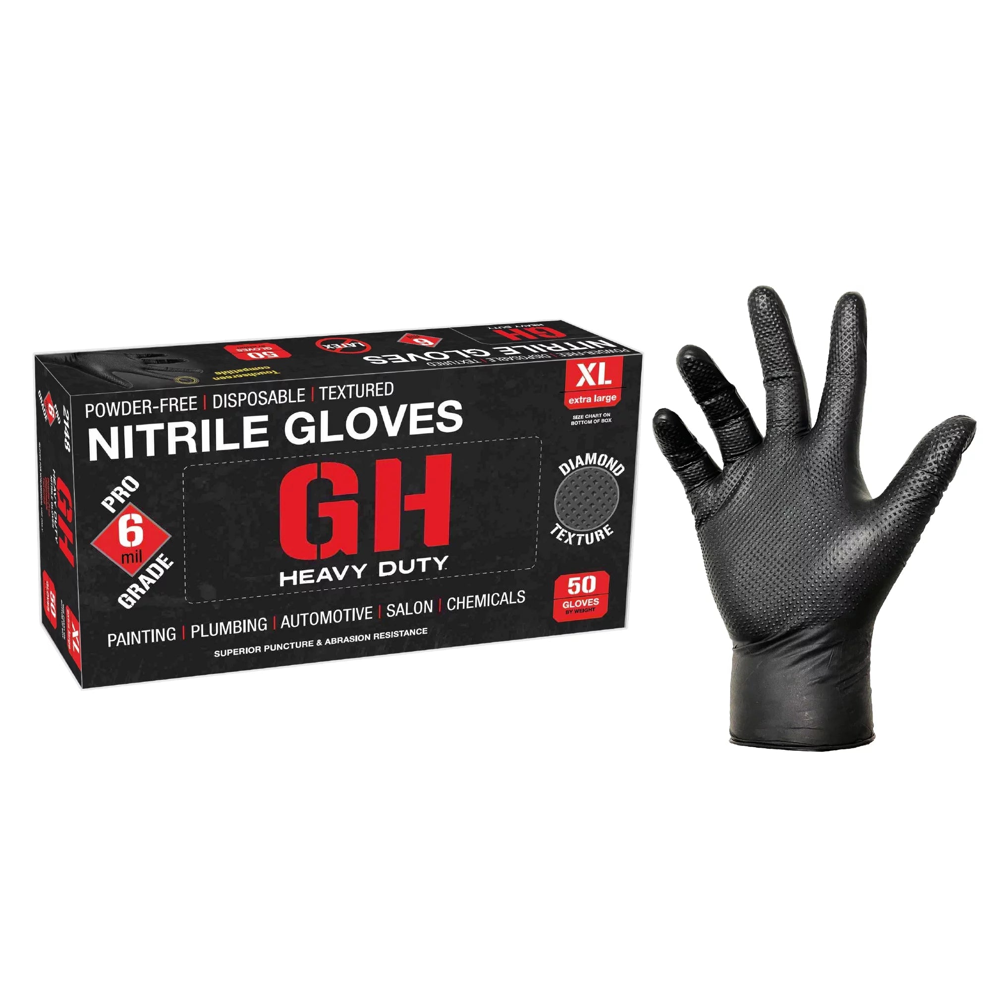 GH Heavy Duty Black Diamond Textured Nitrile Gloves, Latex & Powder Free, 6 mil Thickness