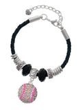 Delight Jewelry Silvertone Large Super Sparkle Crystal Pink AB Softball Lil Sister Celtic Knot Leather Bead Bracelet, 7+2 Extender