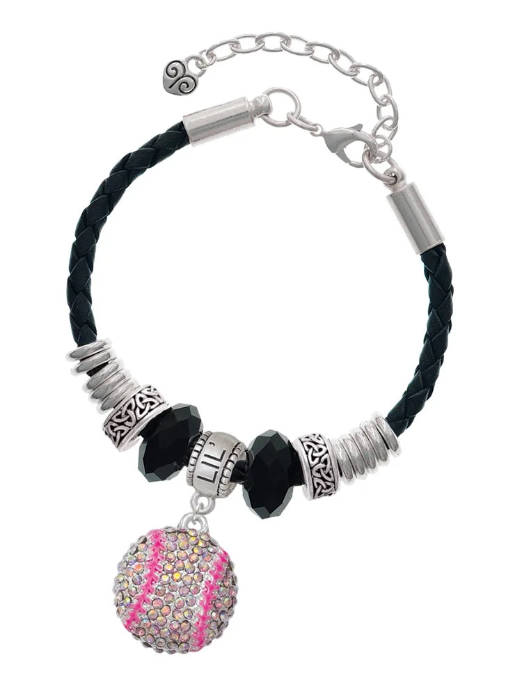 Delight Jewelry Silvertone Large Super Sparkle Crystal Pink AB Softball Lil Sister Celtic Knot Leather Bead Bracelet, 7+2 Extender