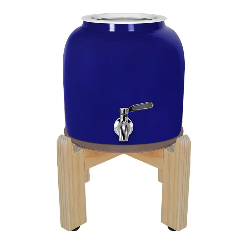 Geo Ceramic Blue Water Dispenser Crock, Includes 8 Inch Wood Stand, Stainless Steel Faucet and Lid