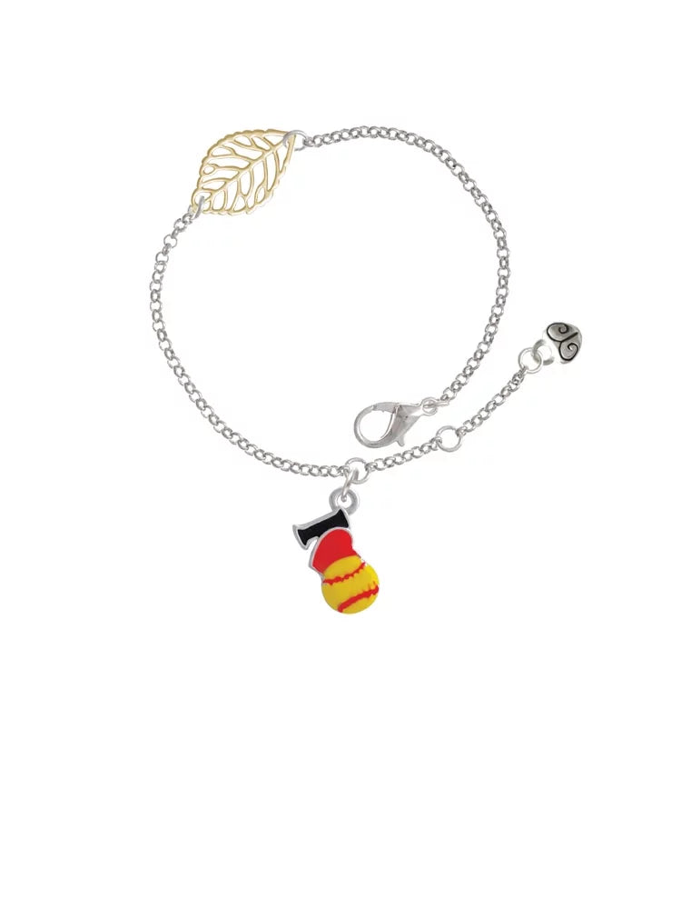 Delight Jewelry Silvertone I love Softball - Red Heart - Goldtone Leaf Delicate Bracelet, 6.25+1.75