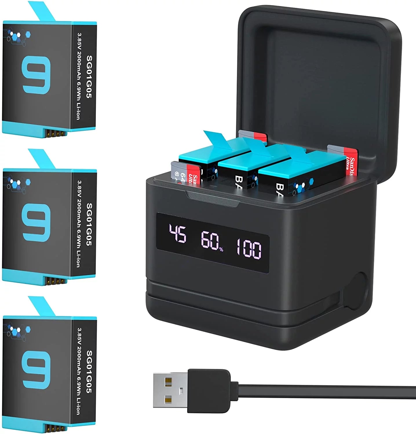 TOMSHEIR 2000mAh Hero 10/9 Battery 2-Pack and 3-Channel USB Storage Quick Charger with High Speed Micro SD Card Reader Function (Fully Compatible with Gopro Hero 10 Gopro Hero 9 Black Official)