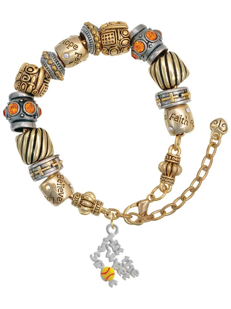Silvertone Hit the Sweet Spot with Yellow Softball Two Tone Christian Bead Bracelet