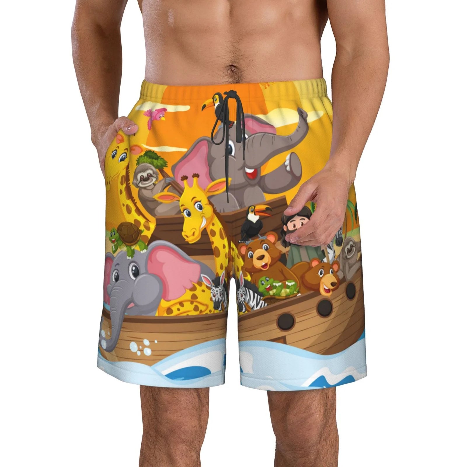 Kll Animals On Noah'S Ark1 Men'S Casual Summer Beach Shorts Hawaiian Shorts With Pockets-Small