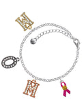 Delight Jewelry Silvertone Hot Pink Ribbon with Softball Multi-Colored Crystal Mom Charm Bracelet