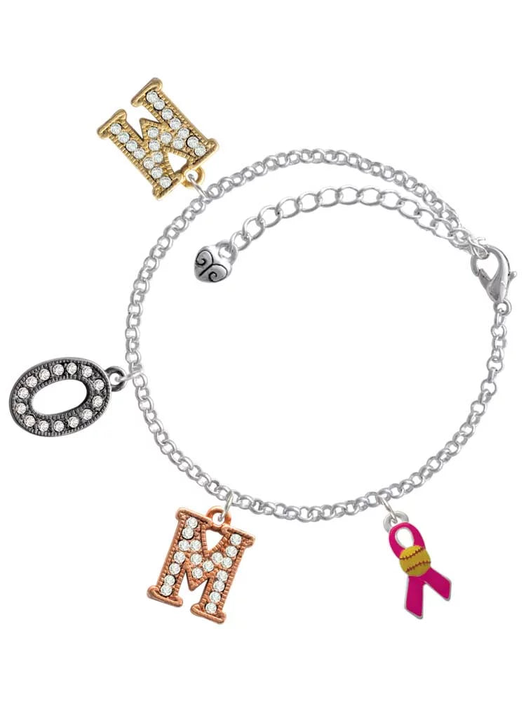 Delight Jewelry Silvertone Hot Pink Ribbon with Softball Multi-Colored Crystal Mom Charm Bracelet