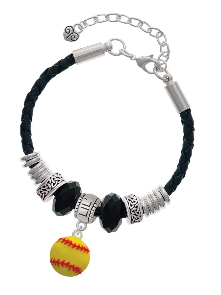 Delight Jewelry Silvertone Large Optic Yellow Softball Middle Sister Celtic Knot Leather Bead Bracelet, 7+2 Extender