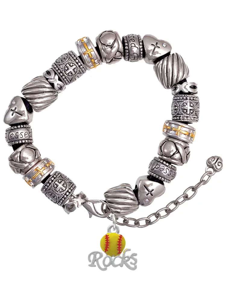 Silvertone Enamel Softball ''Rocks'' Silver Tone Christian Bead Bracelet