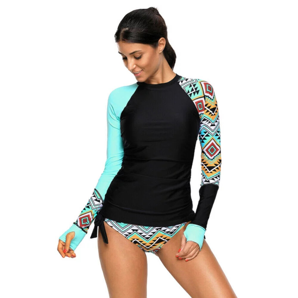 Women Long Sleeve UV Sun UPF 50+ RashGuard Top Two Piece Surfing Diving Swimsuit