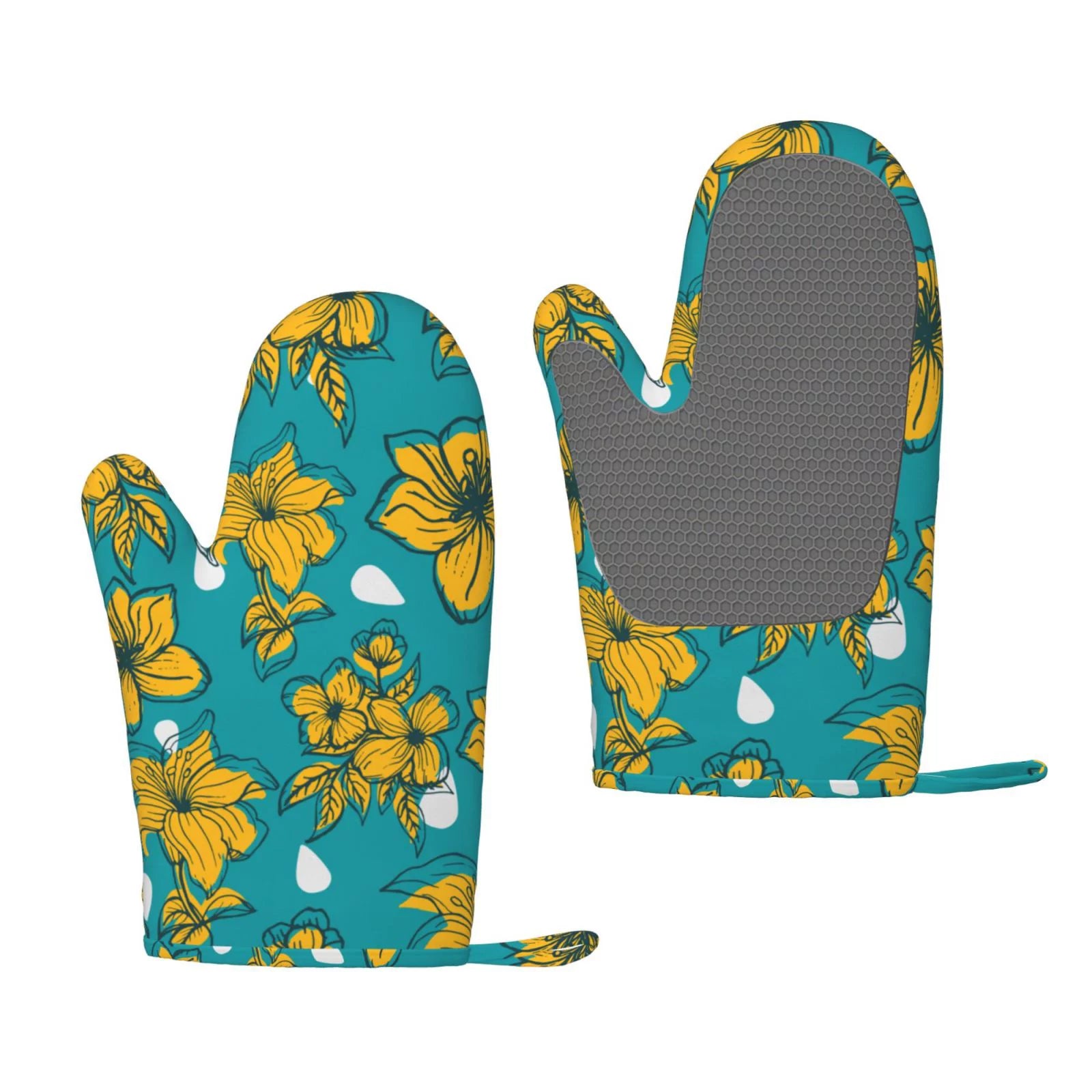 ZNDUO Kitchen Oven Gloves, Durable Heat Resistant Oven Gloves with Quilted Liner Non-Slip Textured Grip Perfect for BBQ, Baking, Cooking and Grilling, Retro Floral Pattern