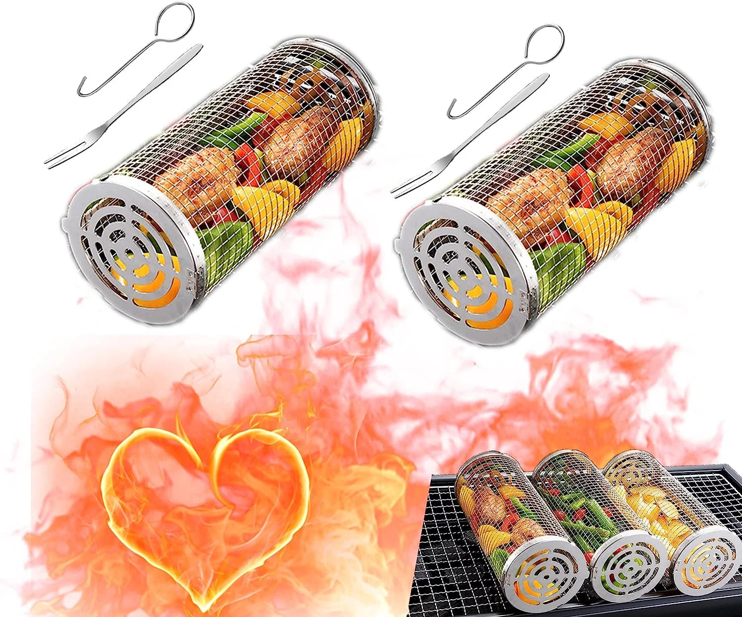 2 Pcs BBQ Rolling Grilling Basket for outdoor grill,Cylindrical stainless steel grill net for for Vegetables and meat,BBQ accessories included£¨M-7.87x3.54x3.54 inch£©